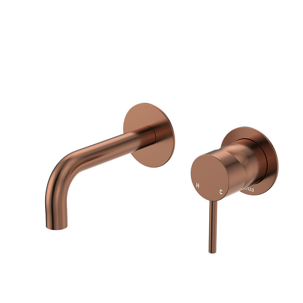 Kaya Basin/Bath Wall Mixer Set, Round Plates, 130mm Outlet - Brushed Copper