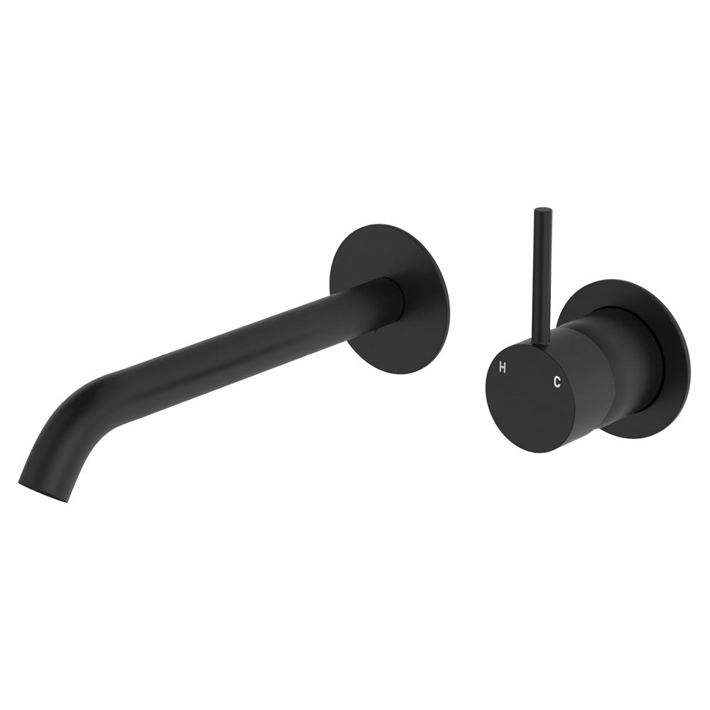 Kaya Up Basin/Bath Wall Mixer Set, Round Plates, 200mm Outlet - Matte Black