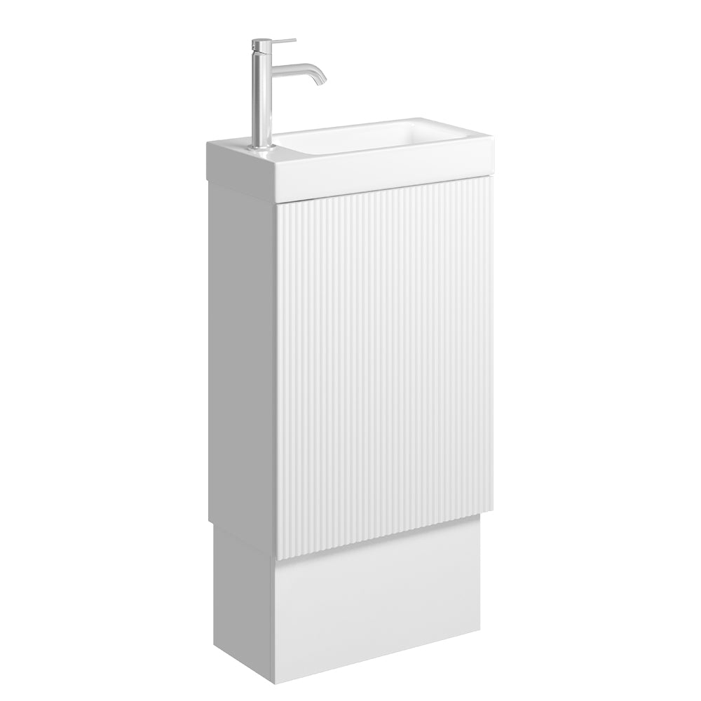 Denzel Minka 450 Vanity on Kickboard, No Overflow, Satin White