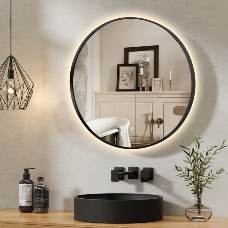 Round LED Mirror Black Framed Backlit Defogger Dimmable