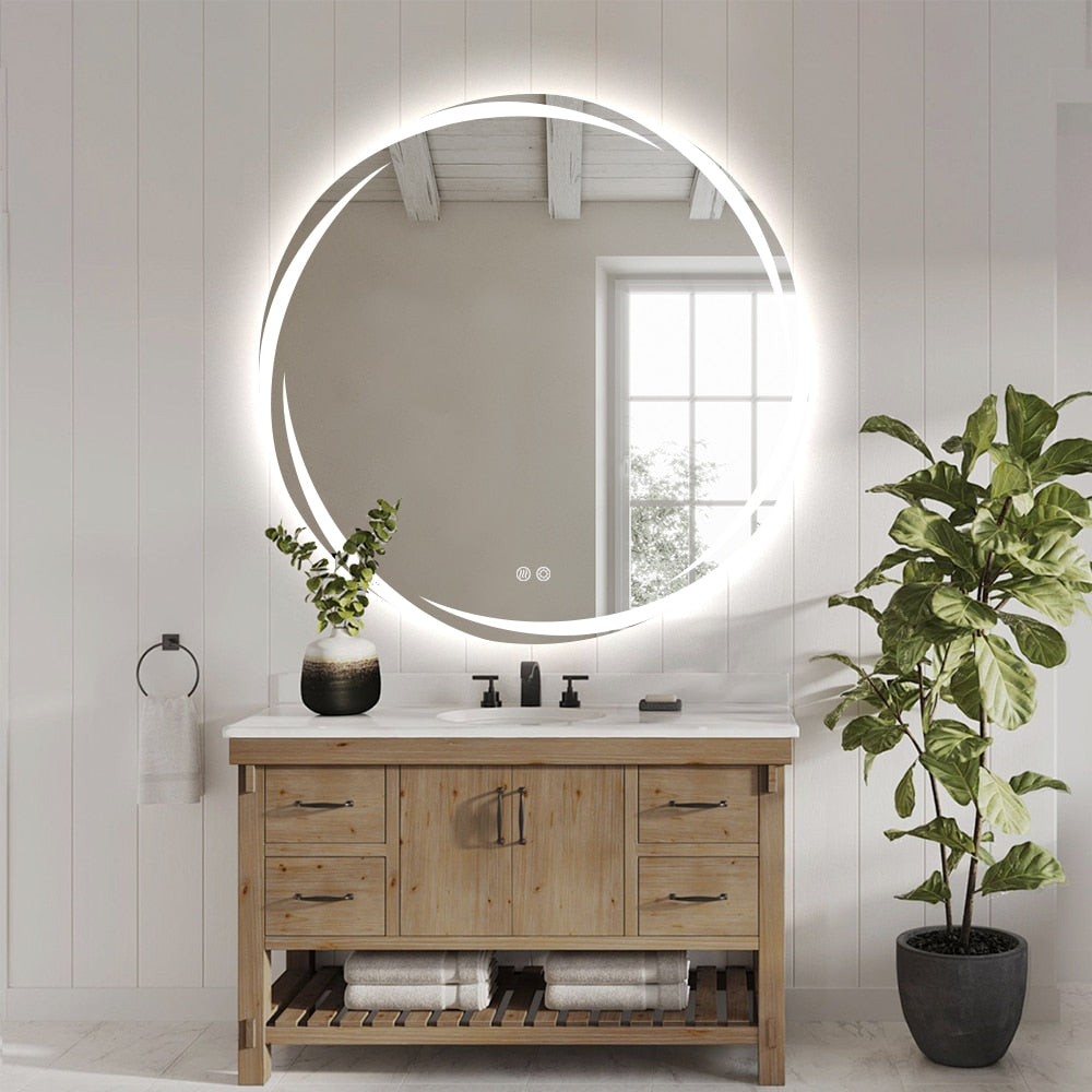 Round LED Bathroom Mirror 80cm Frameless Whirlwind Frosted Defogger Dimmable Vanity Wall Mirror