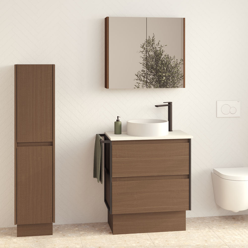 Amato Walnut 750 Cabinet on Kickboard, 1 Frame & 1 Towel Rail