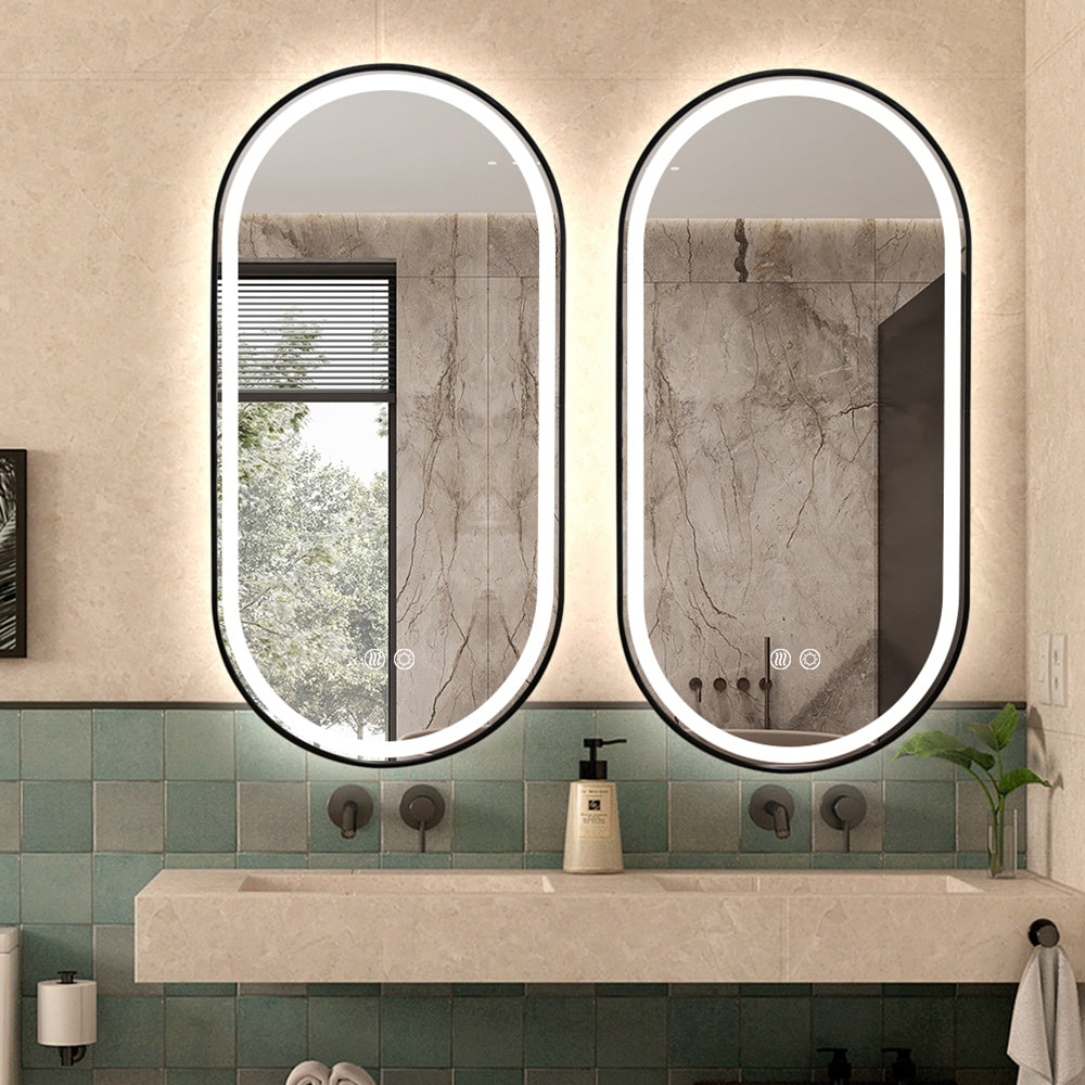 Black Oval LED Bathroom Mirror – Frosted Edge, Defogger, Dimmable (3 Sizes)