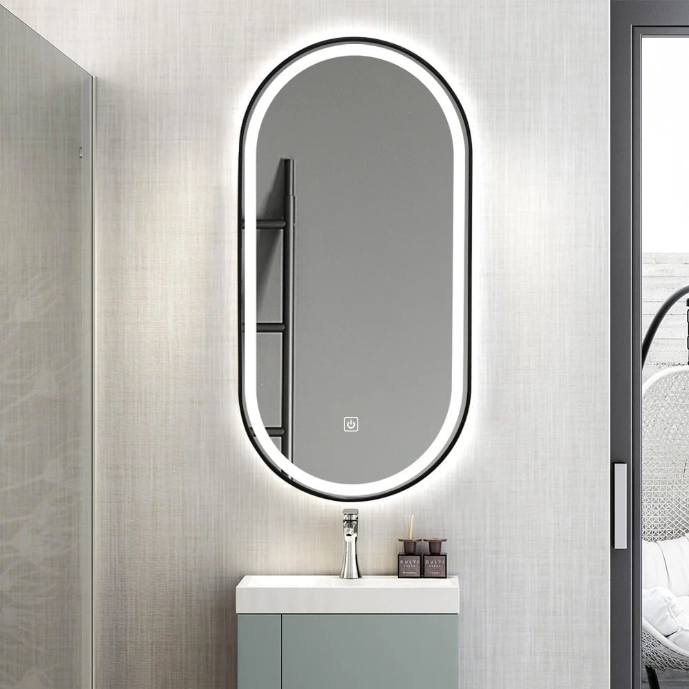 Black Oval LED Bathroom Mirror – Frosted Edge, Defogger, Dimmable (3 Sizes)