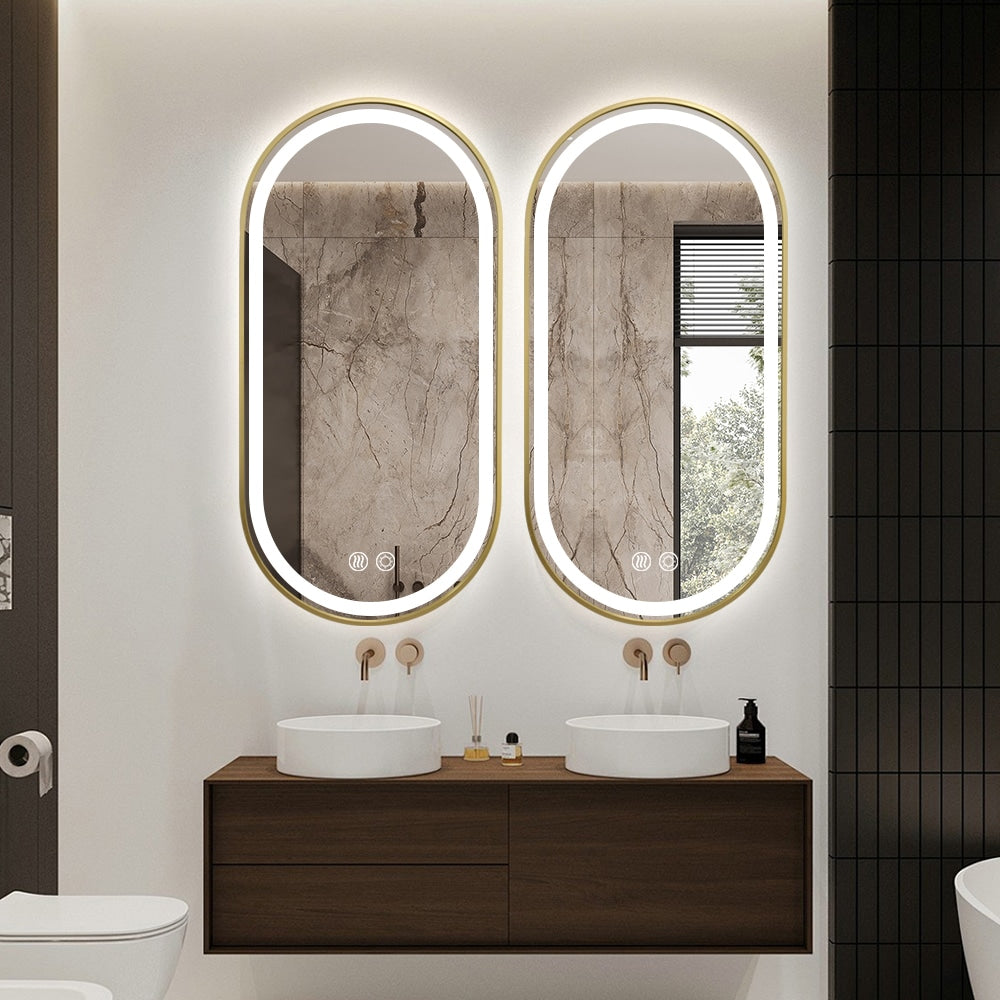 Gold Oval LED Bathroom Mirror – Frosted Edge, Defogger, Dimmable (3 Sizes)