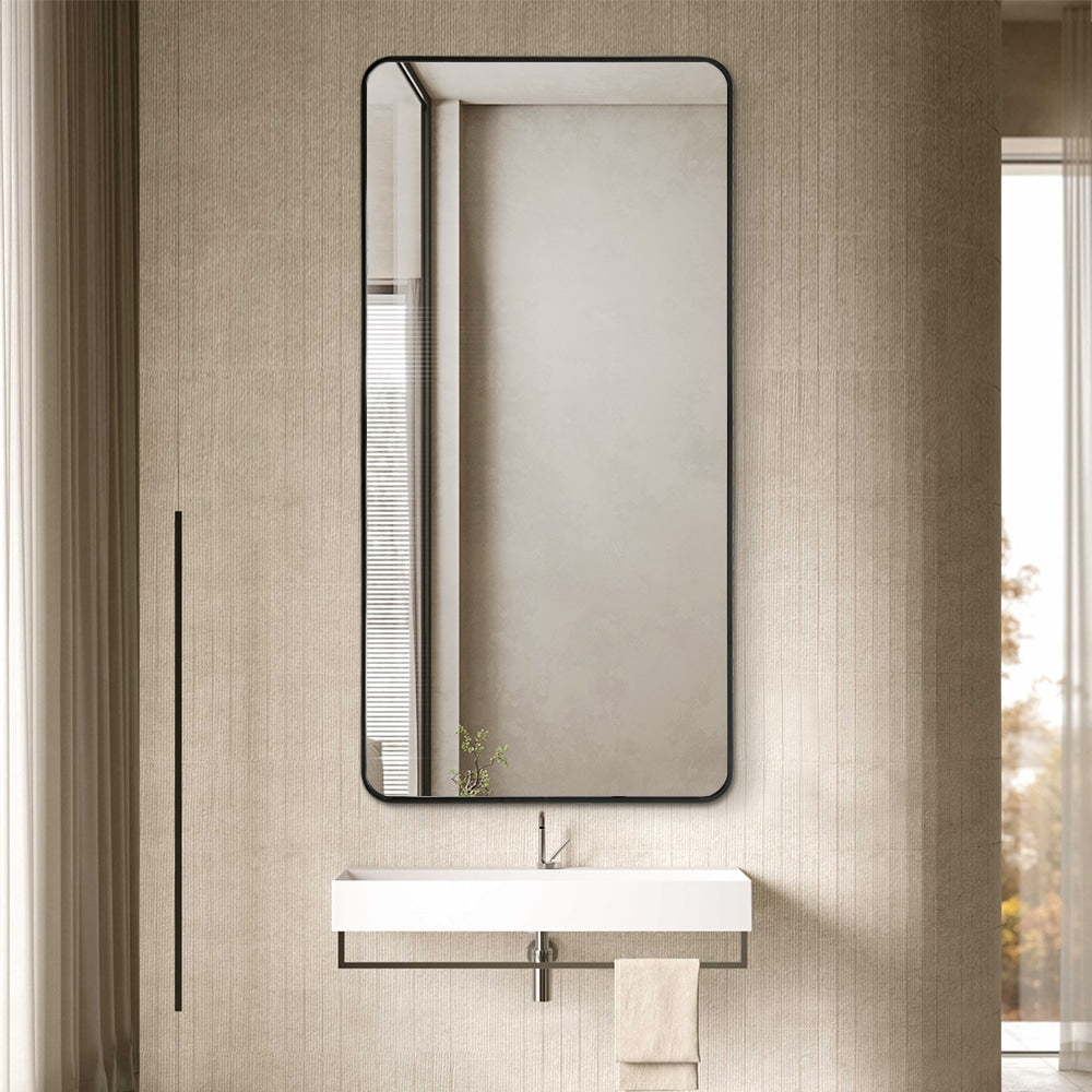 Long Rounded Modern Rectangular Wall Mirror – Black Aluminium Alloy Frame