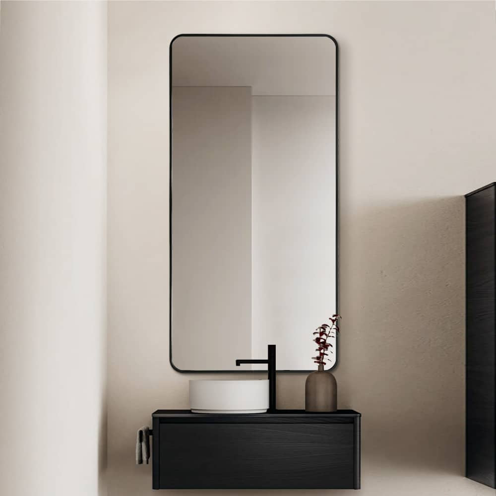 Long Rounded Modern Rectangular Wall Mirror – Black Aluminium Alloy Frame
