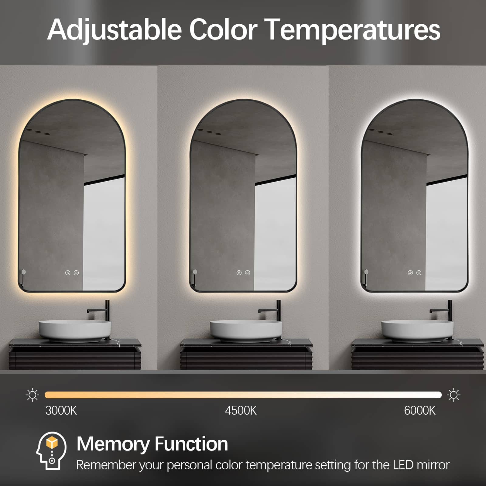 Arched LED Wall Mirror - Black Bevel Frame Backlit Dimmable Defogger