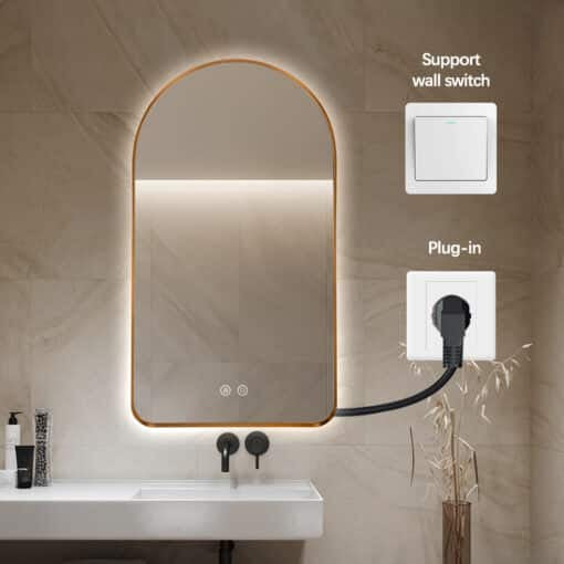 Arched LED Wall Mirror - Gold Bevel Frame Backlit Dimmable Defogger