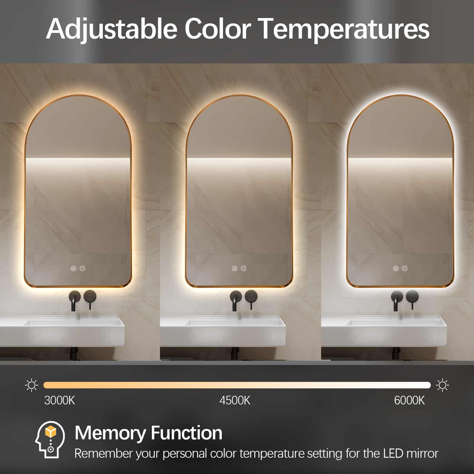 Arched LED Wall Mirror - Gold Bevel Frame Backlit Dimmable Defogger