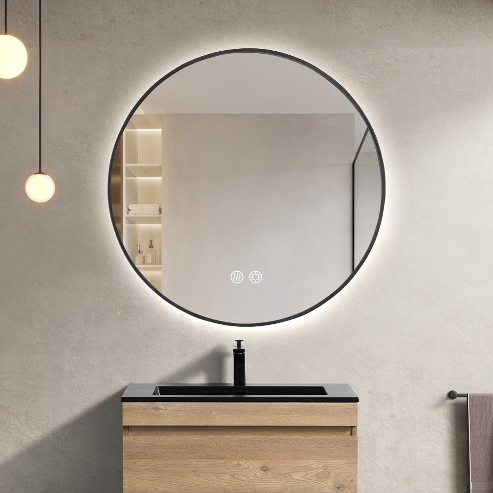 Round LED Mirror Black Framed Backlit Defogger Dimmable