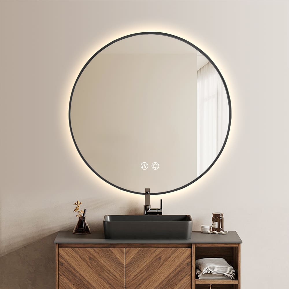 Round LED Mirror Black Framed Backlit Defogger Dimmable