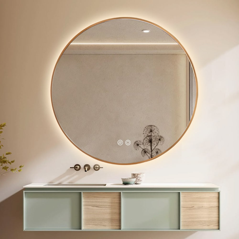 Round LED Mirror Gold Framed Backlit Defogger Dimmable