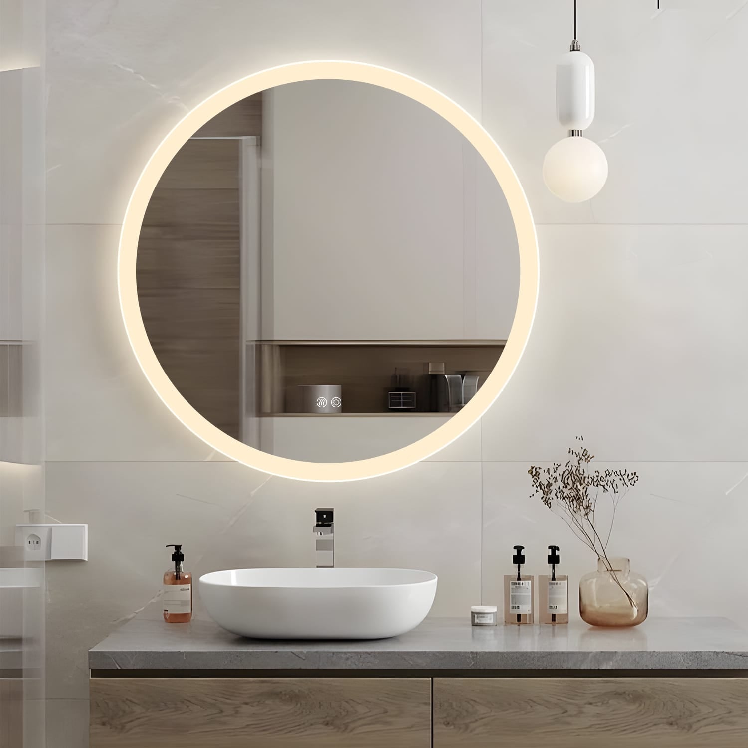 Round LED Mirror – Frosted, Dimmable, Defogger with 30mm Strip
