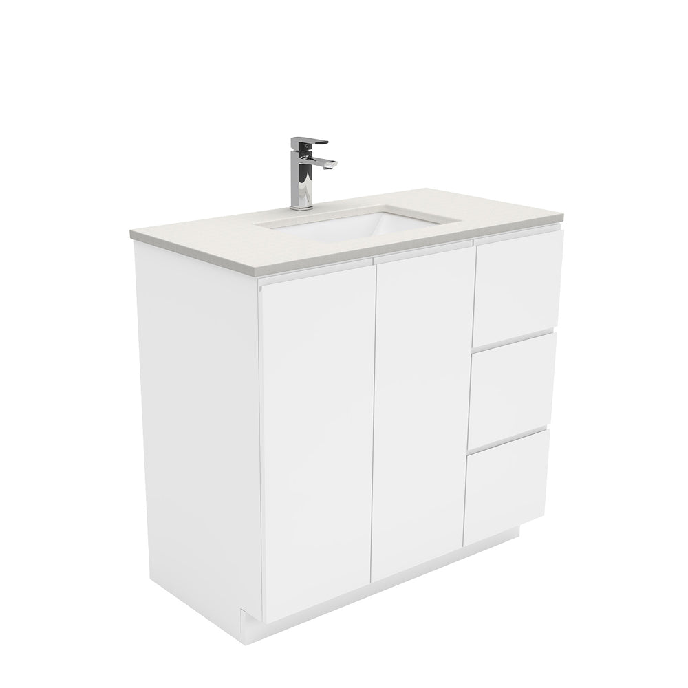 Sarah Roman Sand Undermount 900 Fingerpull Gloss White Vanity on Kick, Right Drawers