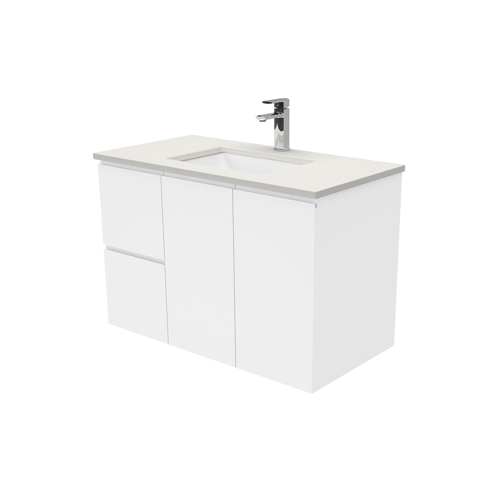 Sarah Roman Sand Undermount 900 Fingerpull Gloss White Wall-Hung Vanity, Left Drawers