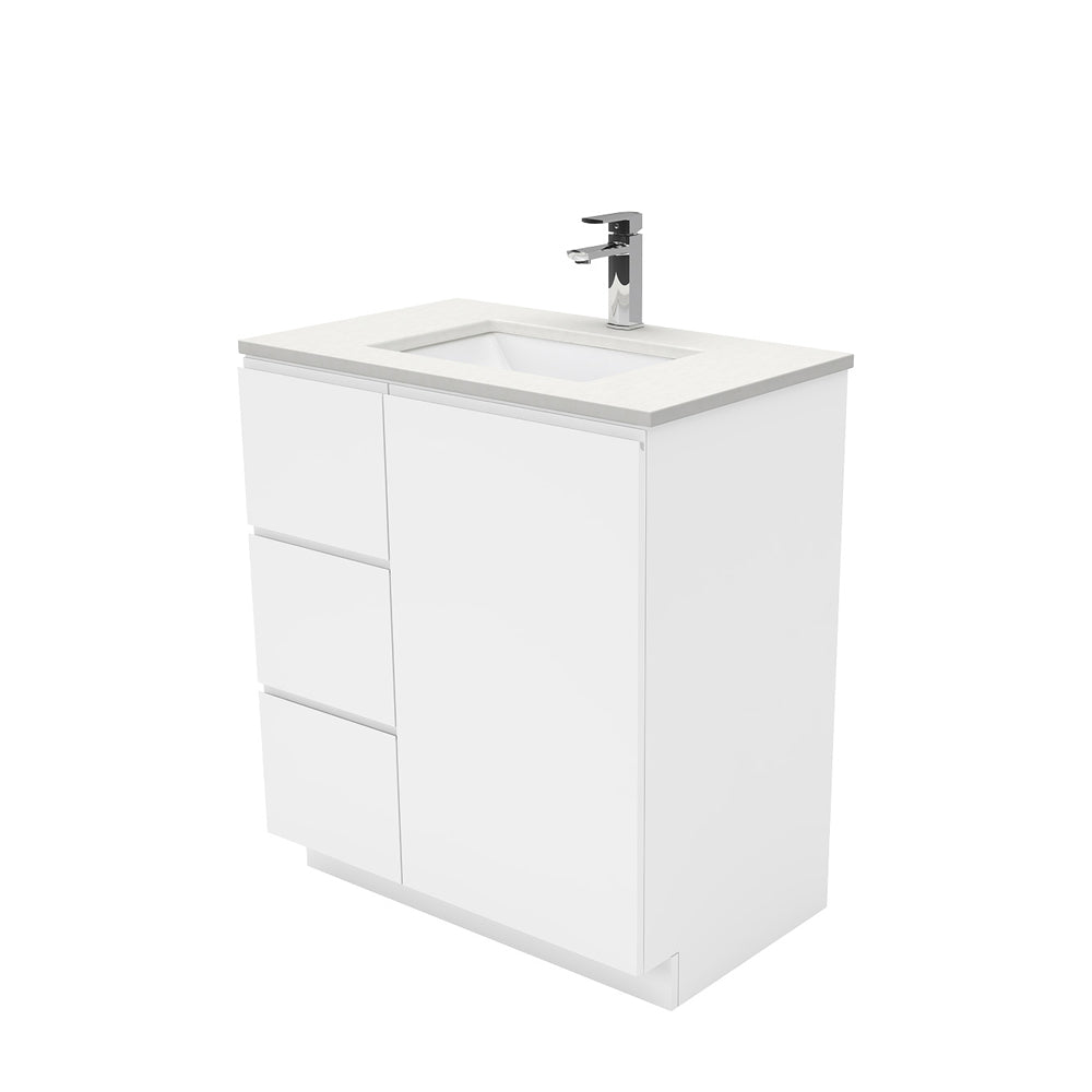 Sarah Crystal Pure Undermount 750 Fingerpull Gloss White Vanity on Kick, Left Drawers