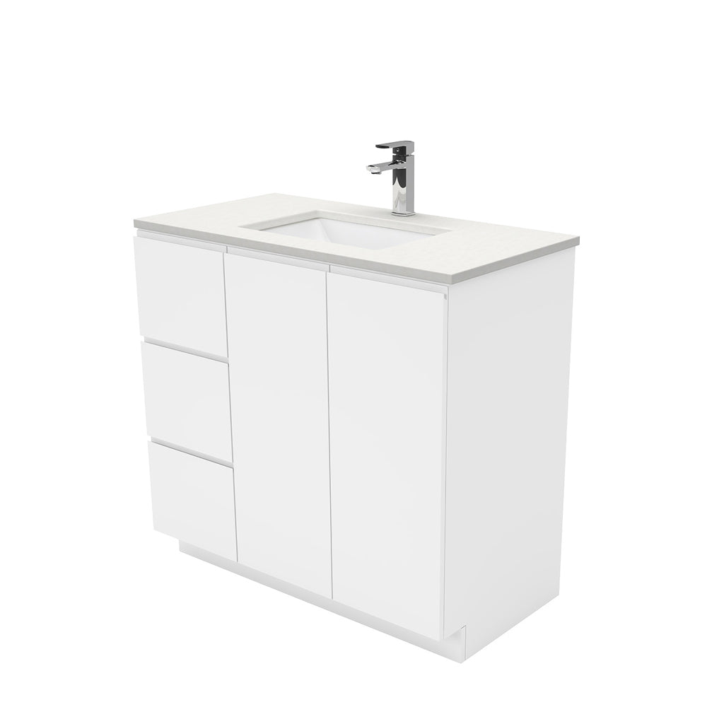 Sarah Crystal Pure Undermount 900 Fingerpull Gloss White Vanity on Kick, Left Drawers