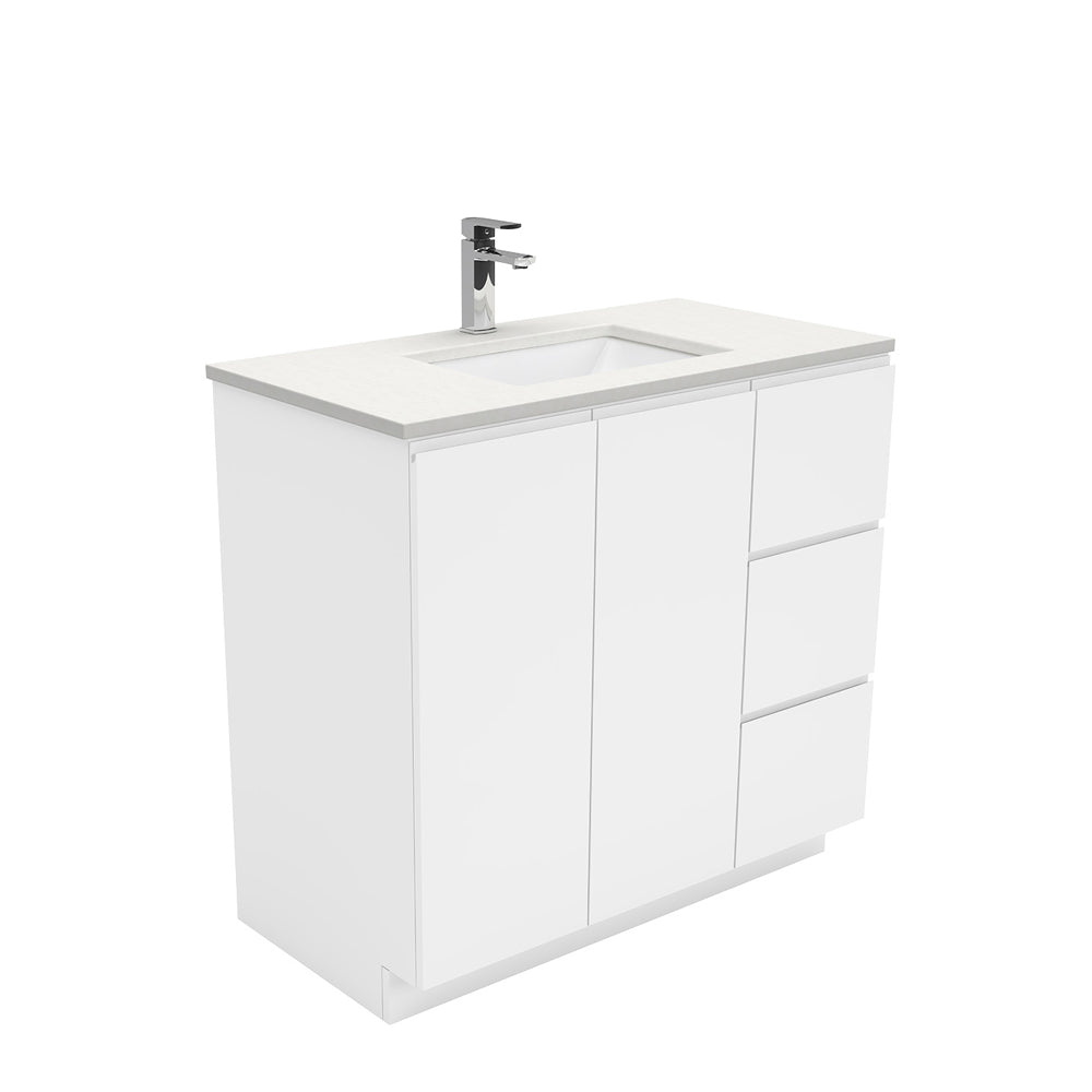 Sarah Crystal Pure Undermount 900 Fingerpull Gloss White Vanity on Kick, Right Drawers