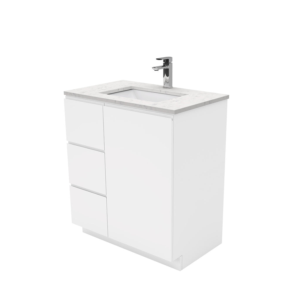Sarah Bianco Marble Undermount 750 Fingerpull Gloss White Vanity on Kick, Left Drawers