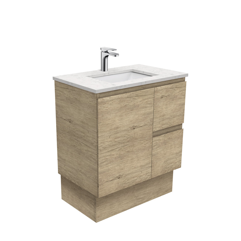 Sarah Bianco Marble Undermount 750 Edge Scandi Oak Vanity on Kick, Right Drawers