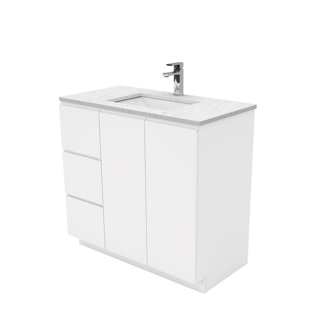 Sarah Bianco Marble Undermount 900 Fingerpull Gloss White Vanity on Kick, Left Drawers