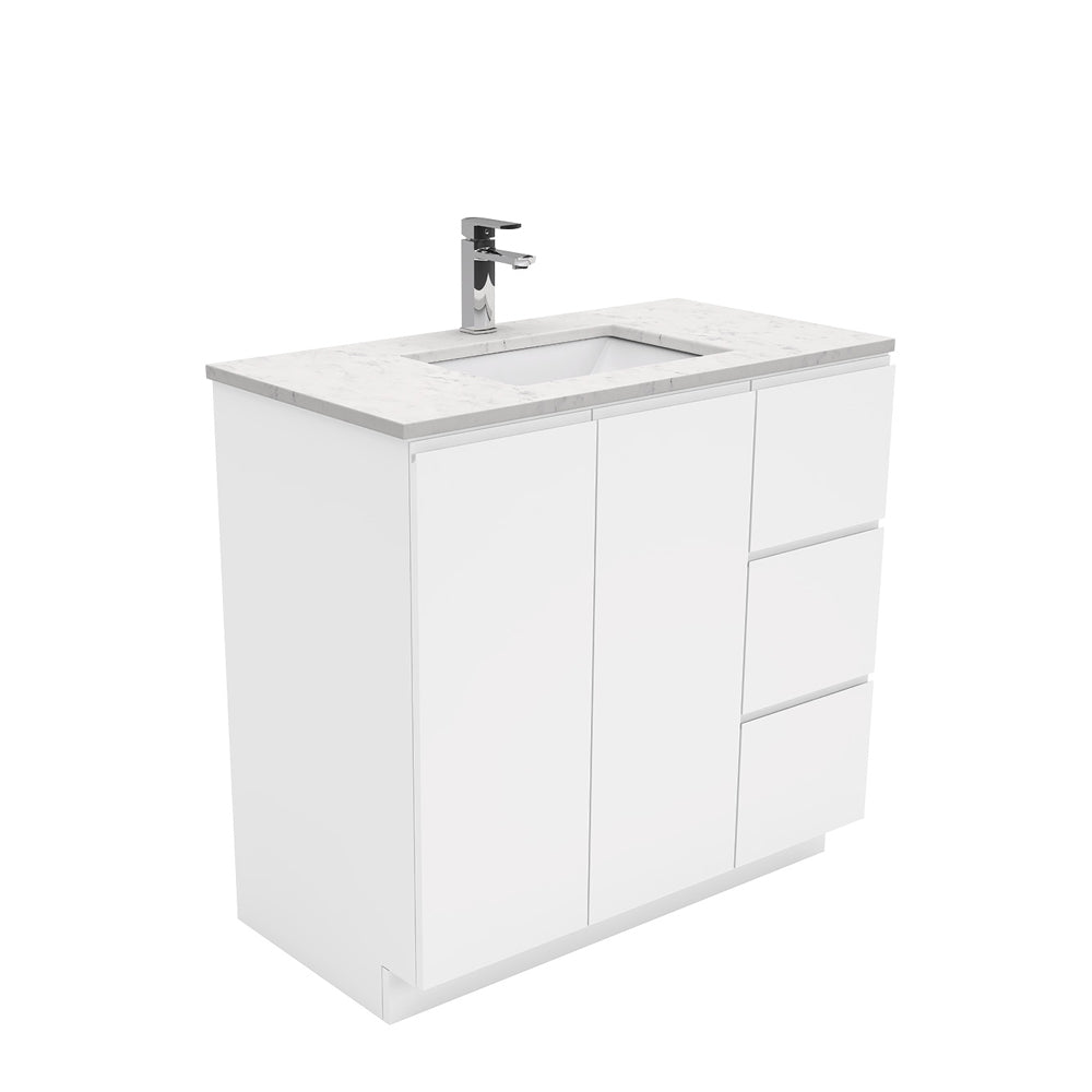 Sarah Bianco Marble Undermount 900 Fingerpull Gloss White Vanity on Kick, Right Drawers