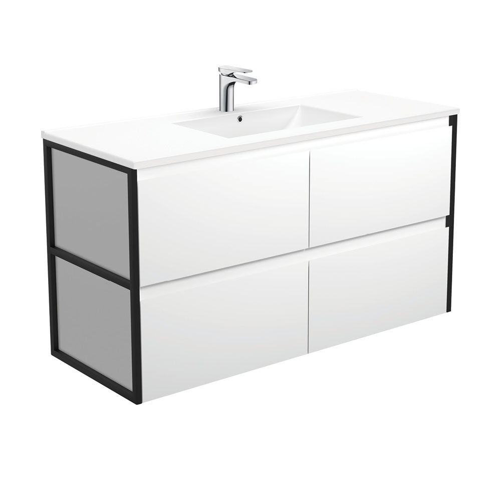 Dolce Amato 1200 Satin White Wall-Hung Vanity, Matte Black Frames