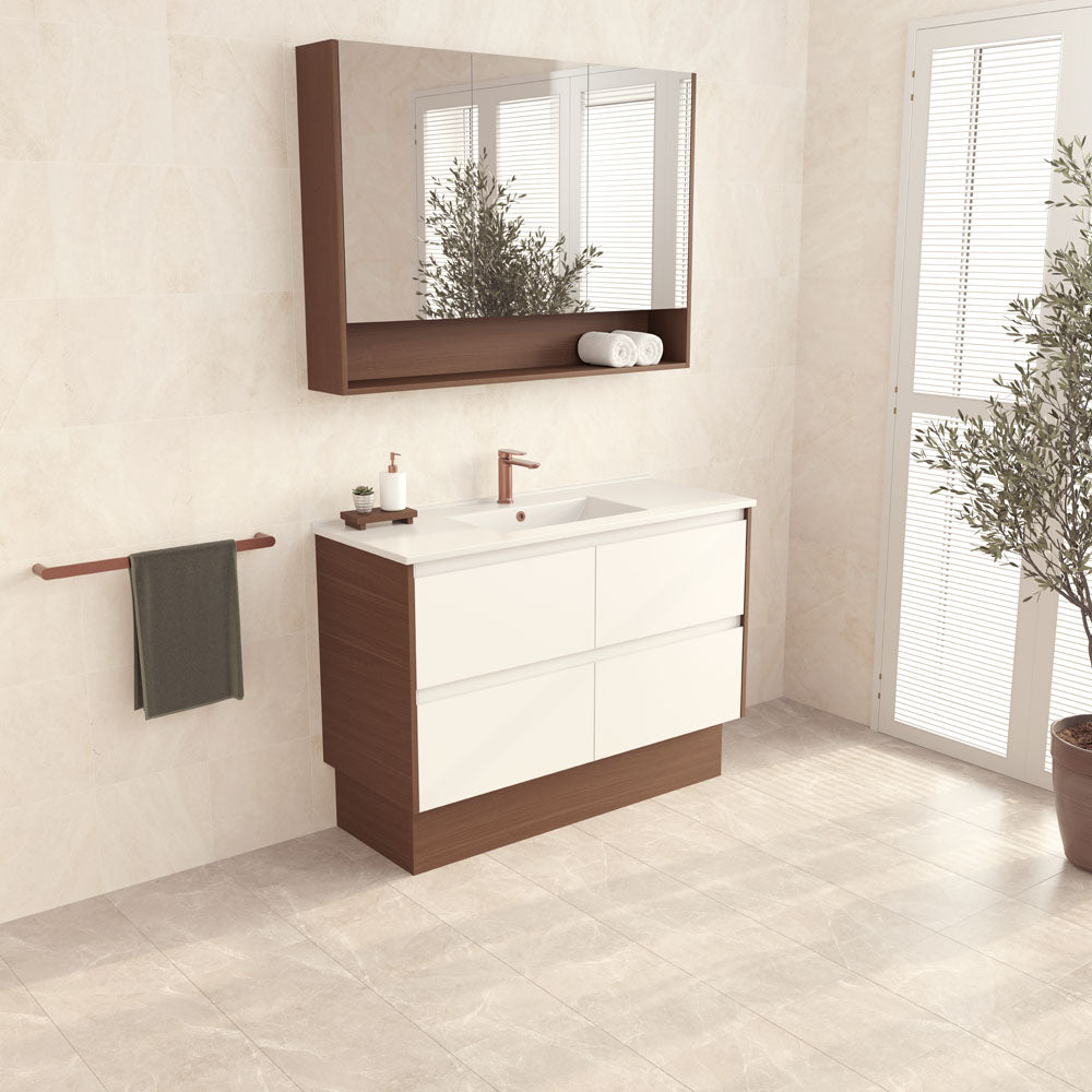 Dolce Amato 1200 Satin White Vanity on Kick, Walnut Panels