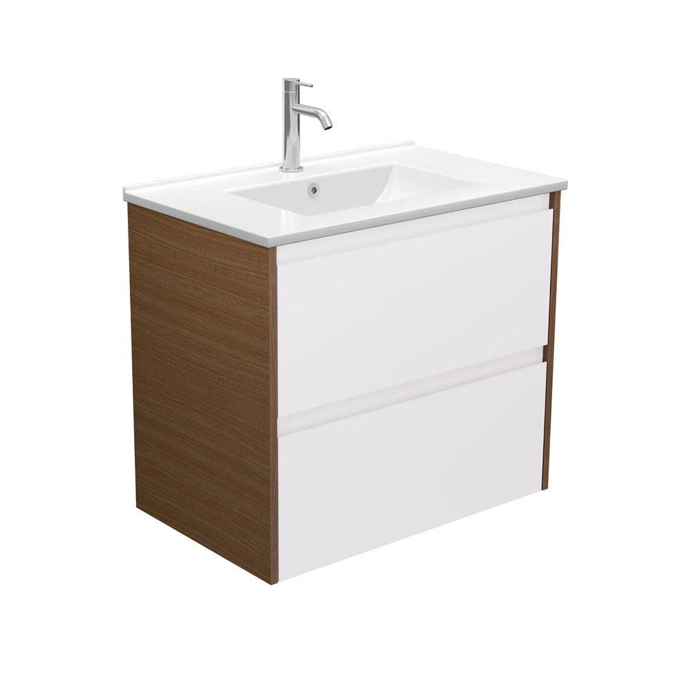 Dolce Amato 750 Satin White Wall Hung Vanity, Walnut Panels