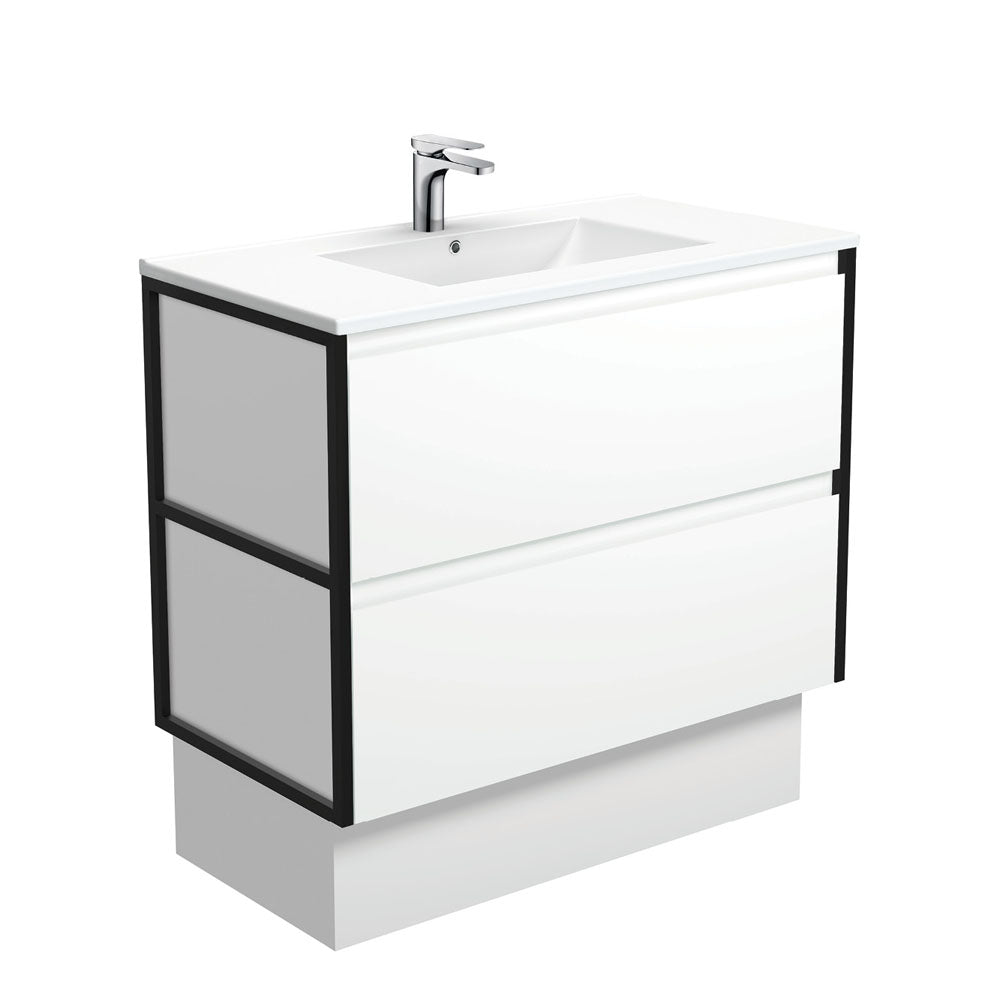 Dolce Amato 900 Satin White Vanity On Kick, Matte Black Frames