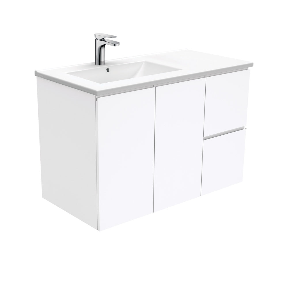 Dolce Fingerpull Gloss White 900 Offset Wall-Hung Vanity, Left Basin