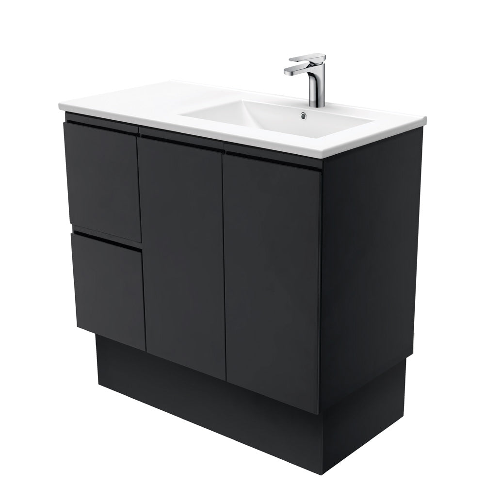 Dolce Fingerpull Satin Black 900 Offset Vanity on Kickboard, Right Basin