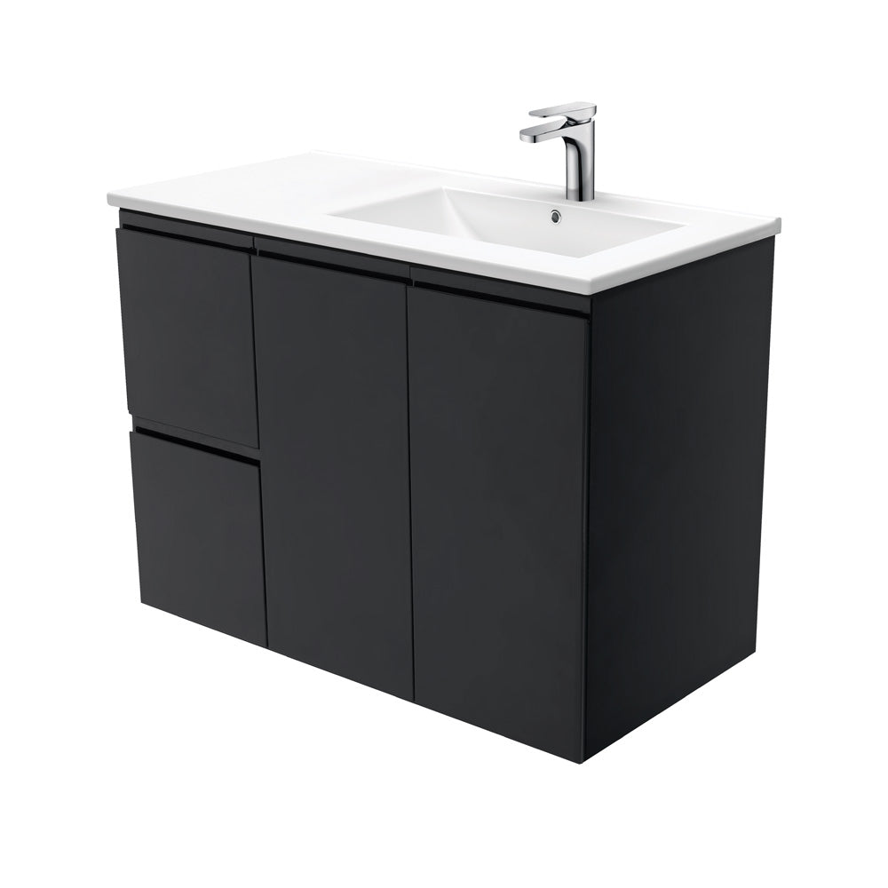 Dolce Fingerpull Satin Black 900 Offset Wall-Hung Vanity, Right Basin