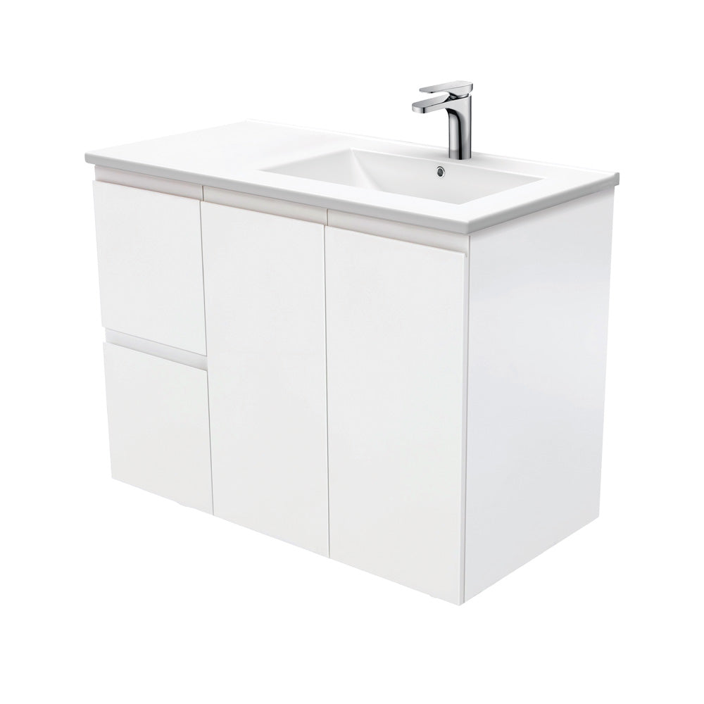 Dolce Fingerpull Satin White 900 Offset Wall-Hung Vanity, Right Basin