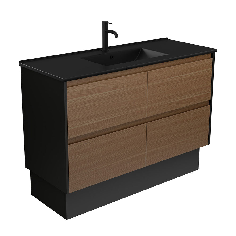 Dolce Matte Black Amato 1200 Walnut Vanity On Kick, Satin Black Panels