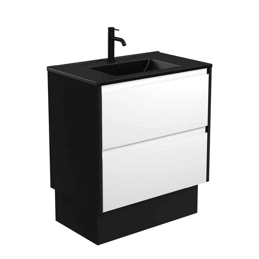 Dolce Matte Black Amato 750 Satin White Vanity On Kick, Satin Black Panels