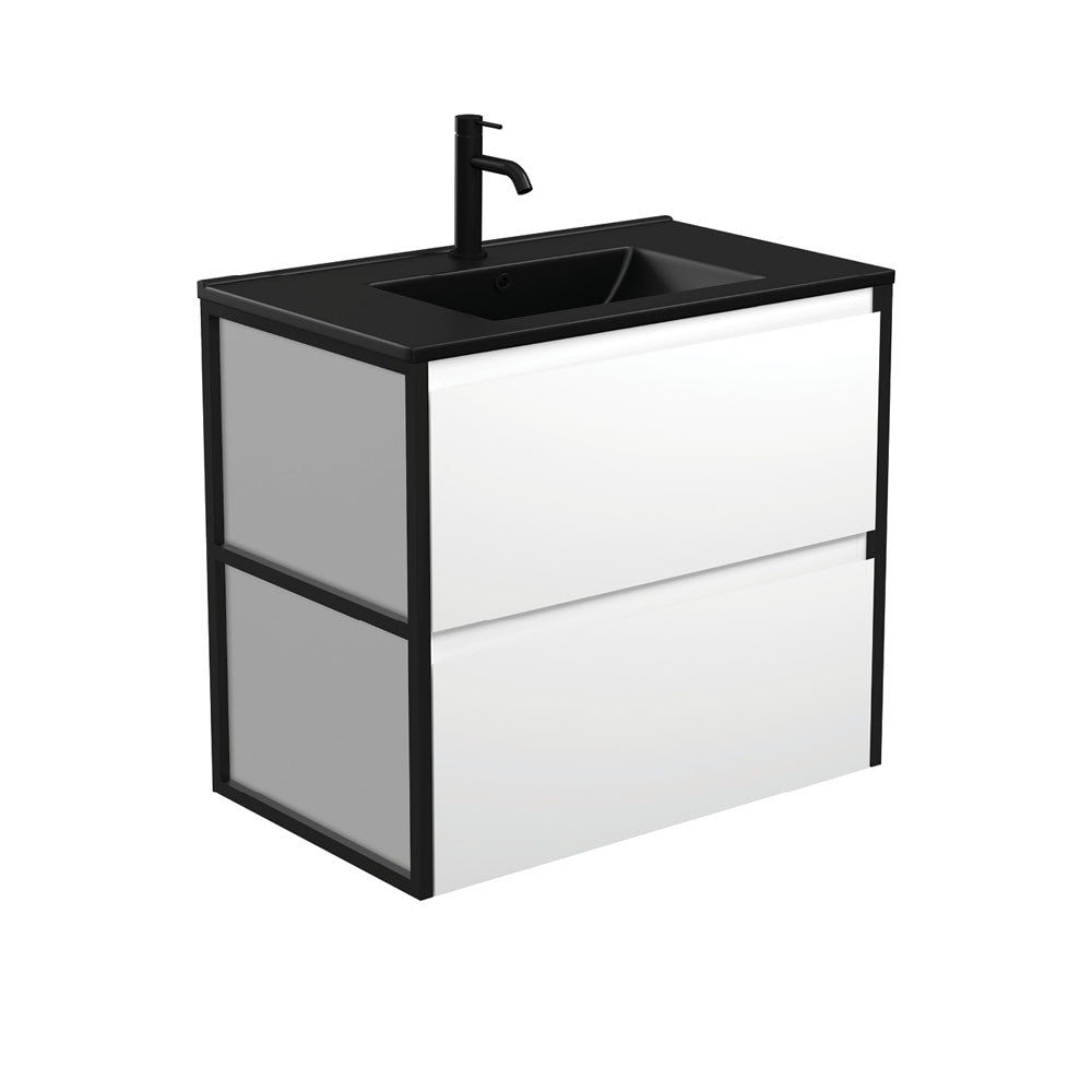 Dolce Matte Black Amato 750 Satin White Wall-Hung Vanity, Matte Black Frames