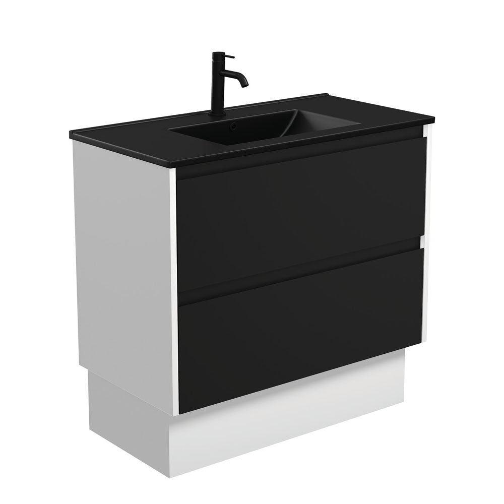 Dolce Matte Black Amato 900 Satin Black Vanity On Kick, Satin White Panels