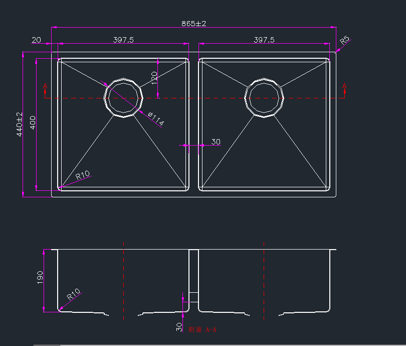 865*440*190mm Hand-made Double Kitchen Sink(Round Edges)