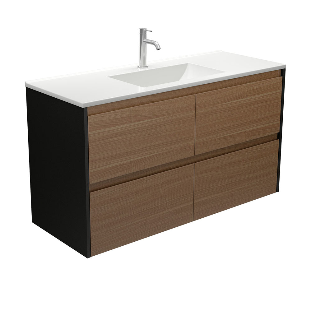Vanessa Amato 1200 Walnut Wall-Hung Vanity, Satin Black Panels