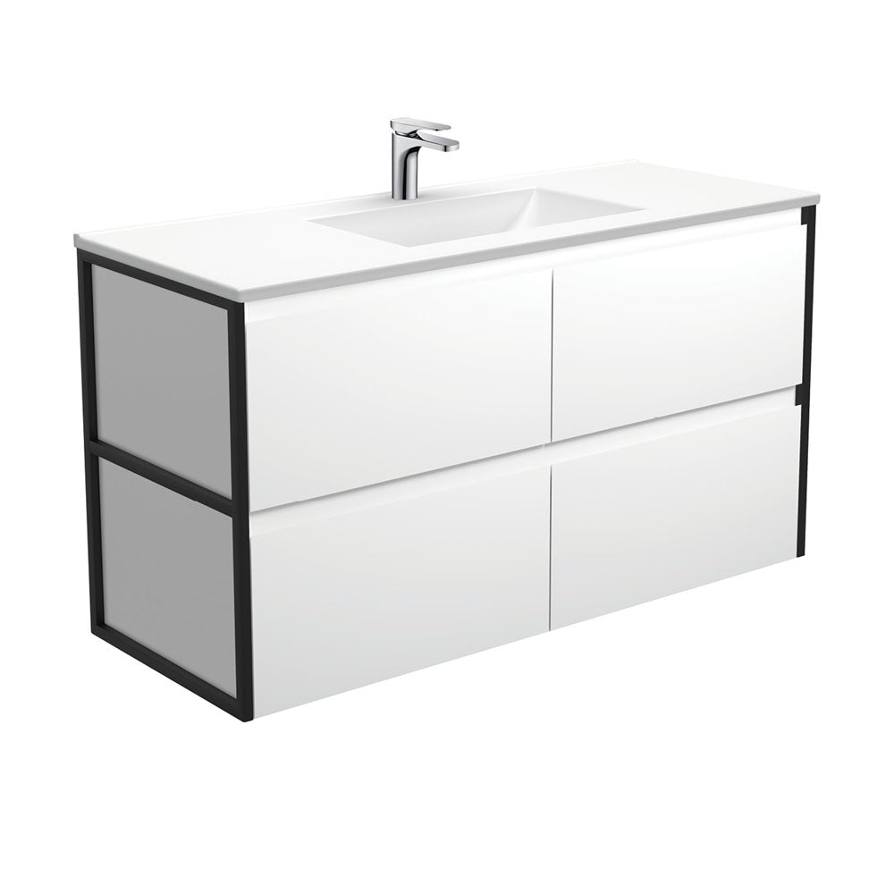 Vanessa Amato 1200 Satin White Wall-Hung Vanity, Matte Black Frames