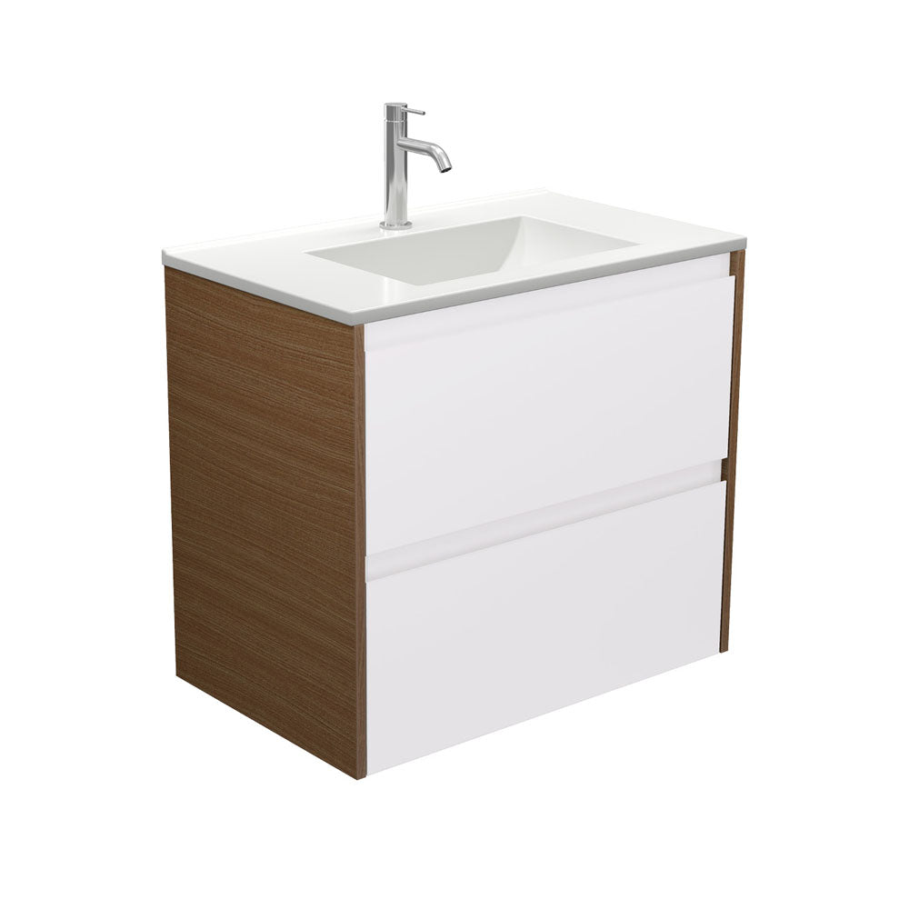 Vanessa Amato 750 Satin White Wall Hung Vanity, Walnut Panels