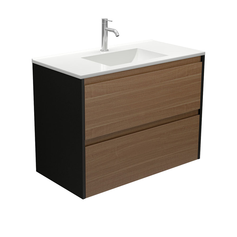 Vanessa Amato 900 Walnut Wall-Hung Vanity, Satin Black Panels