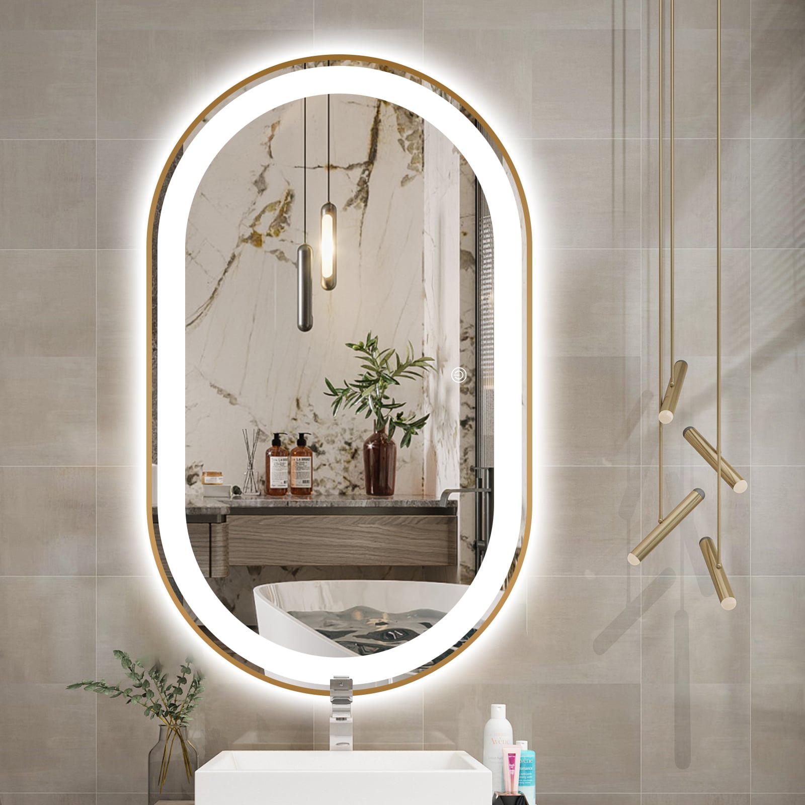 Gold Oval LED Bathroom Mirror – Frosted Edge, Defogger, Dimmable (3 Sizes)