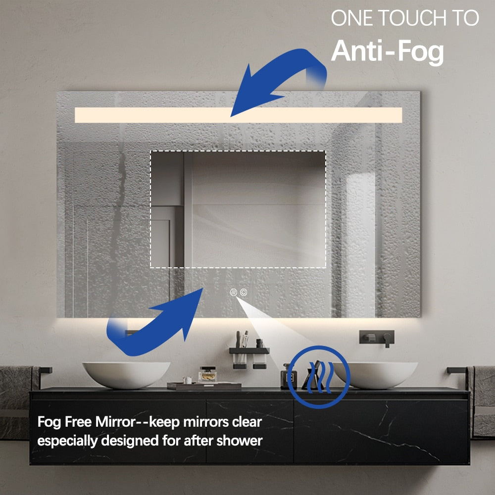 Rectangular LED Bathroom Mirror Frameless Frosted Frontlit Top Strip