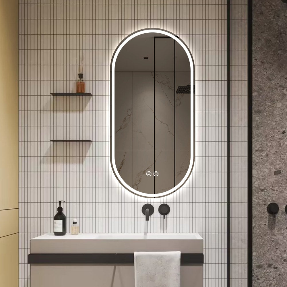 Oval LED Mirror Frameless Frosted Bathroom Mirror with Defogger & Dimmable 30mm LED Strip 90cm x 45cm
