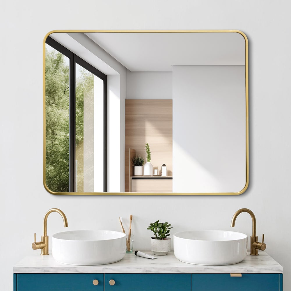 Gold Framed Rounded Edge Wall Mirror Modern Rectangular 100cm x 80cm