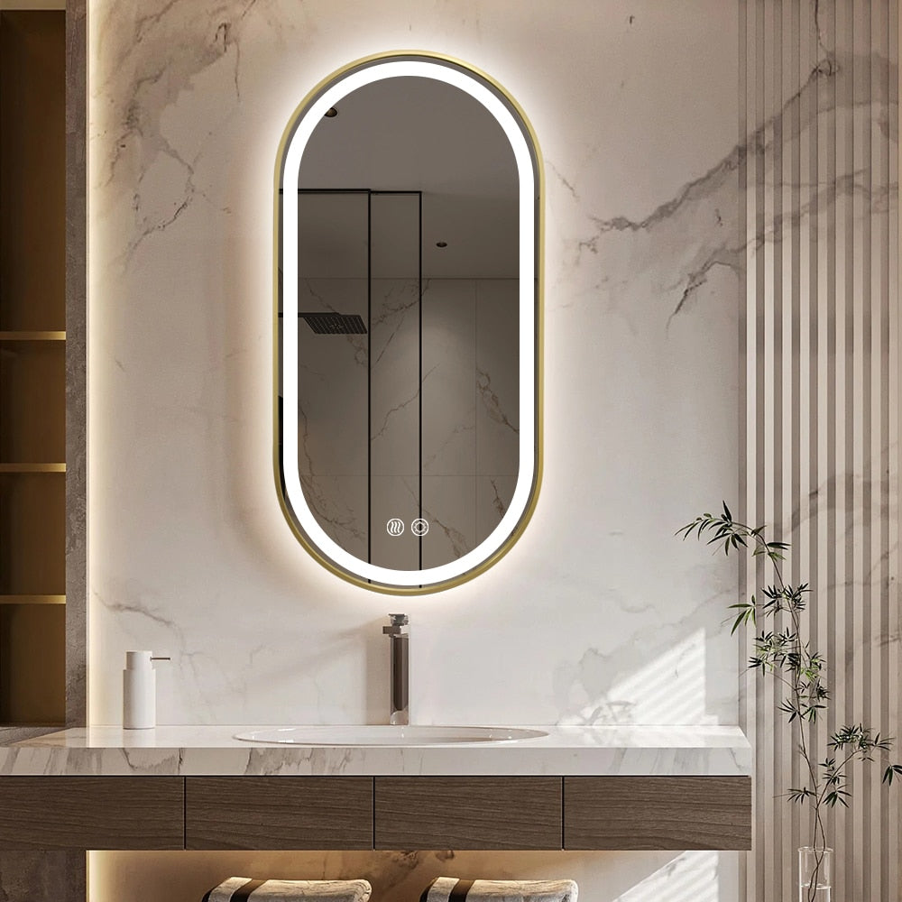 Gold Oval LED Bathroom Mirror – Frosted Edge, Defogger, Dimmable (3 Sizes)