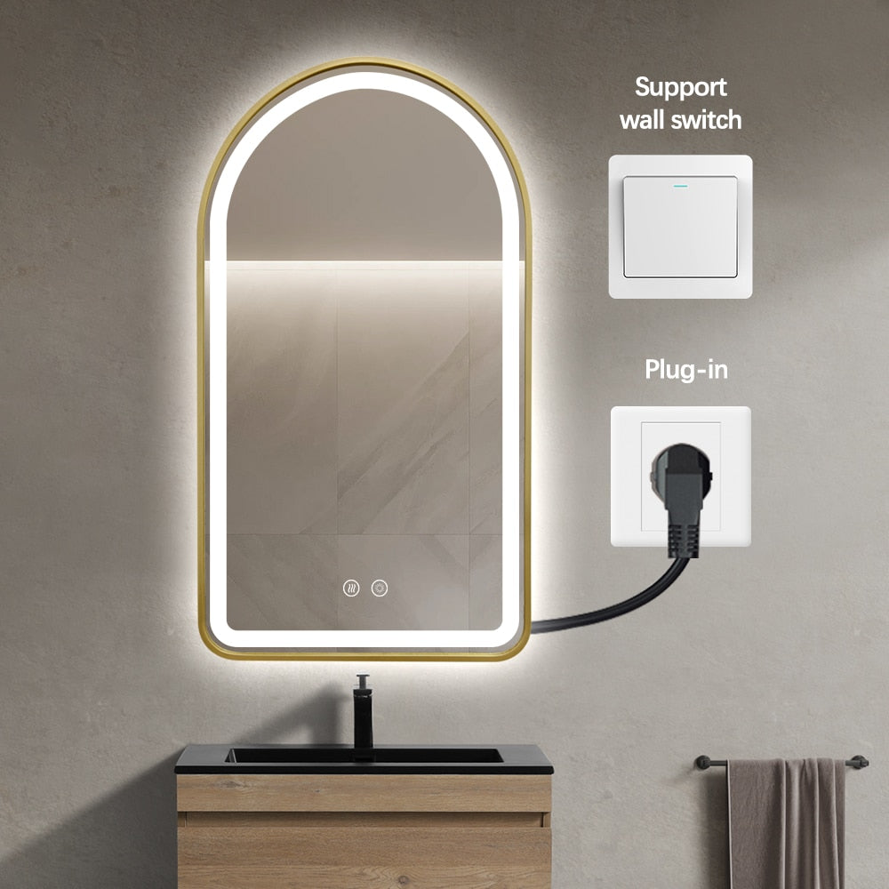 Arched LED Gold Frame Wall Mirror 90cm x 50cm Frosted Defogger Dimmable Vanity